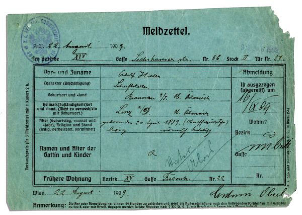 Adolf Hitler's registration form from August 21, 1909, this time as a “writer”, at Sechshauserstrasse 56, 2nd floor, room 21, with Ms. Antonie Oberlechner, in the XIV district